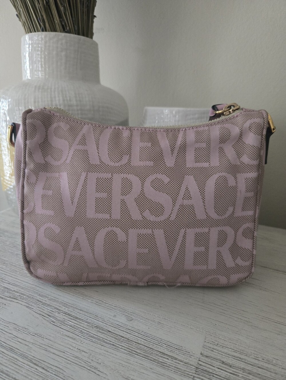 EUC Versace Pink Logo Print Jaquard Mini Baguette Bag With Strap - Picture 3 of 15